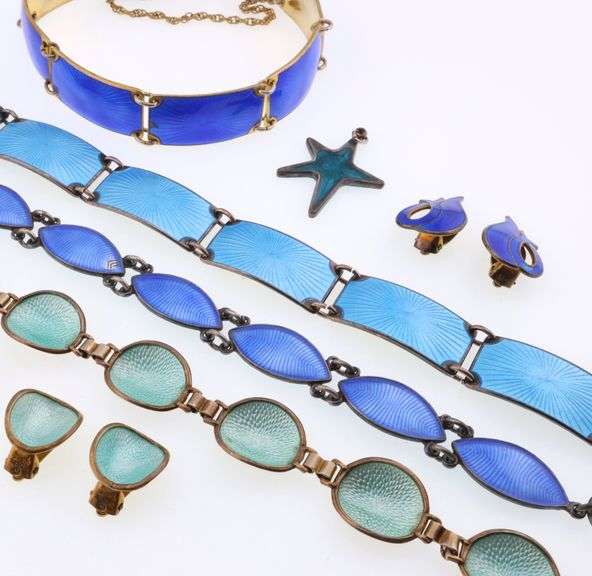 Scandinavian; Modernist Sterling Silver Blue Enamel Jewelry Group