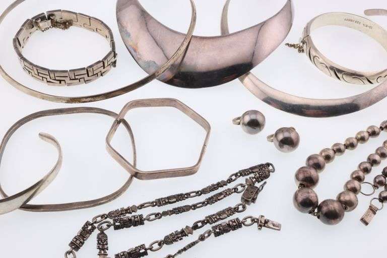 Various Makers; Large Group of Mexican Modernist Sterling Silver Jewelry