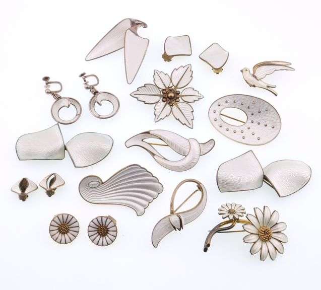 Scandinavian; Modernist Sterling White Enamel Brooches and Earrings