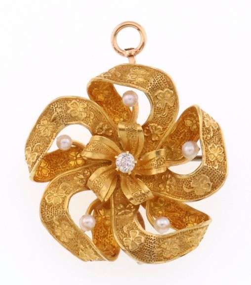14k Gold Vintage Diamond & Pearl Pin/Pendant 6.9g