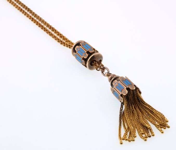 14k Gold Vintage Enameled Slide Necklace with Tassel End 63.2g