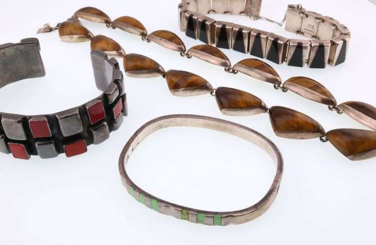 Various Makers; Mexican Sterling Silver Gemstone Modernist Jewelry Group
