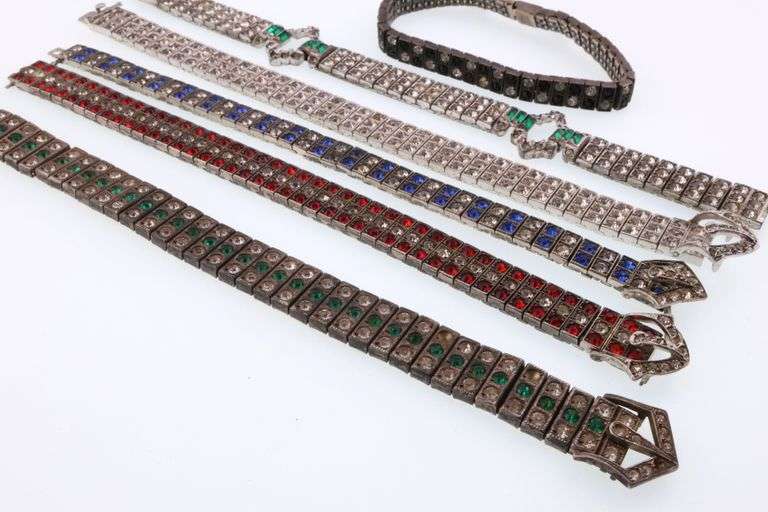 Art Deco Style; Six Sterling Silver Rhinestone Line Bracelets