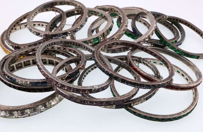Art Deco Style; Nineteen Silver and Base Metal Rhinestone Bracelets