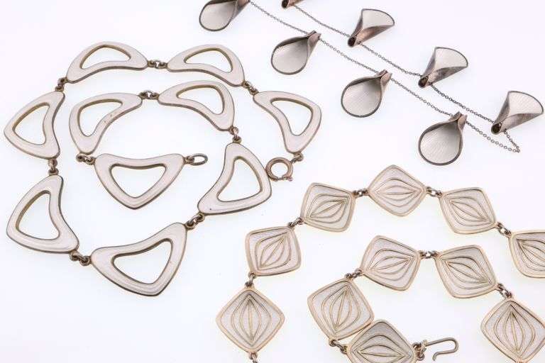 Scandinavian; Three Modernist Sterling Silver White Enamel Necklaces