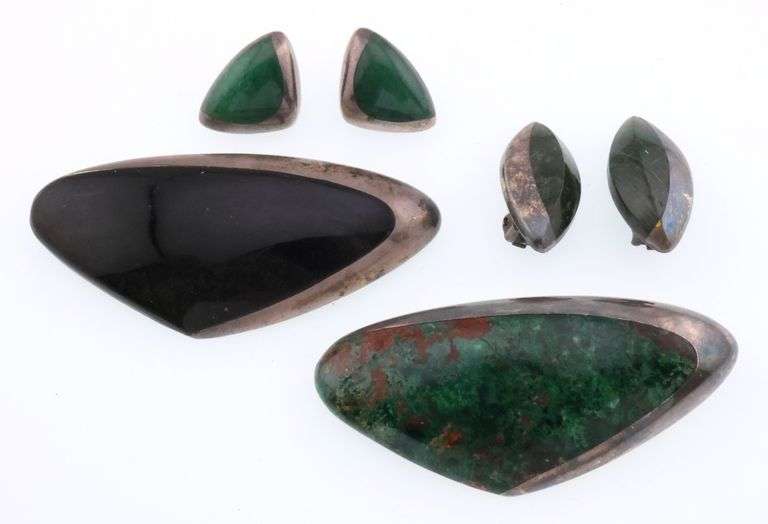 Enrique Ledesma; Modernist Sterling Silver Gemstone Brooches, Earrings