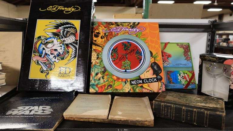 Lot Ed Hardy Clock & Wall Decor, Wine Glasses, Antique Books & Star ...