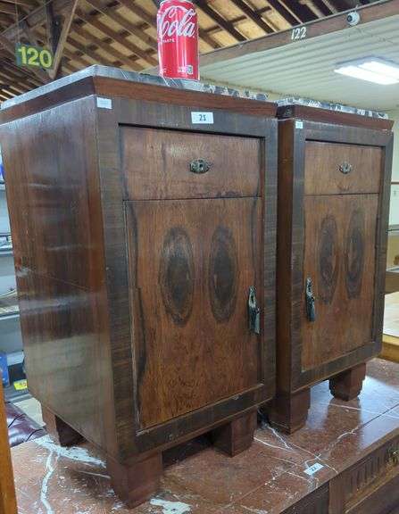 Pair Art Deco Marble Top Rosewood Vanity Ends, Missing a Pull