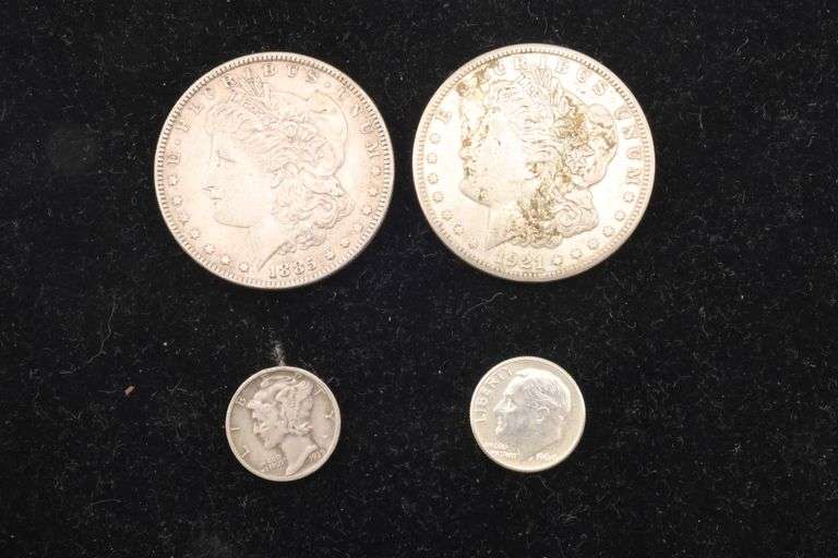 Two Silver (2) U.S. Morgan Silver Dollars & (2) Silver Dimes - Dixon's Auction at ...
