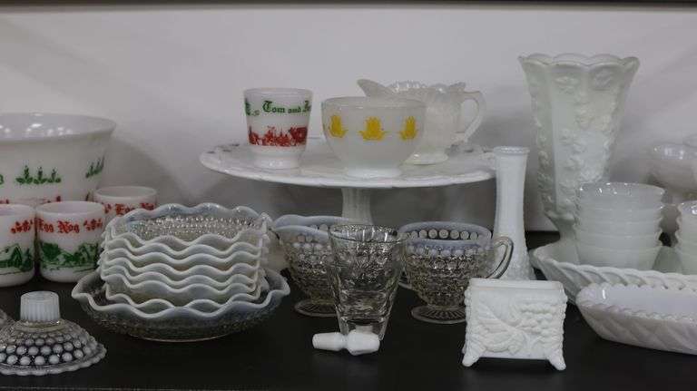 Lot of Vintage Glassware, Fenton Hobnail, Milk Glass, Punch Bowl Etc.