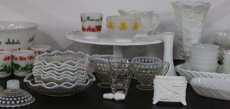 Lot of Vintage Glassware, Fenton Hobnail, Milk Glass, Punch Bowl Etc.