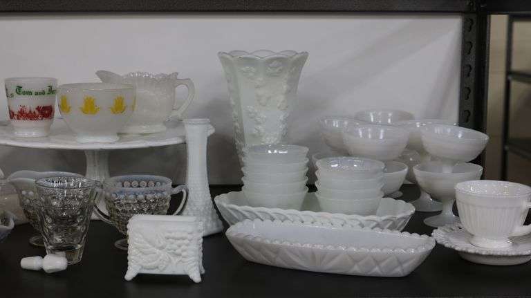 Lot of Vintage Glassware, Fenton Hobnail, Milk Glass, Punch Bowl Etc.