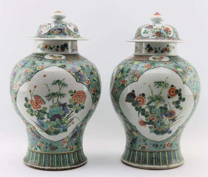 Pair Chinese Famille Verte Porcelain Baluster Jars, 18th-19th Century