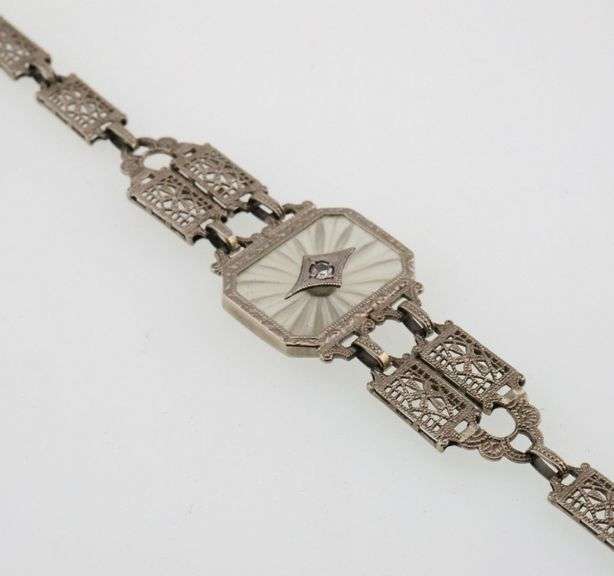 10k Gold Vintage Ornate Camphor Glass & Diamond Bracelet 5.5g