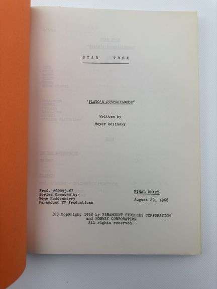 Star Trek: TOS Original Series Script "Plato's Stepchildren" - Dixon's ...
