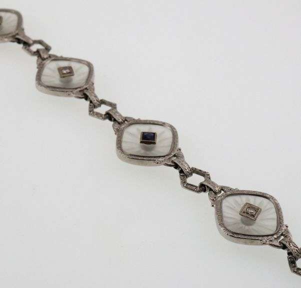 Platinum Vintage Camphor Glass Diamond & Lab Sapphire Bracelet 11.7g Total Weight