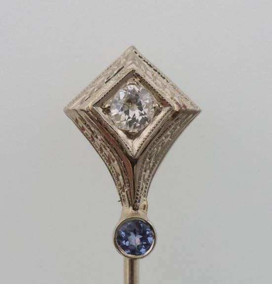 14k Gold Vintage 0.15 ct Diamond & Natural Sapphire Stick Pin 1.7g