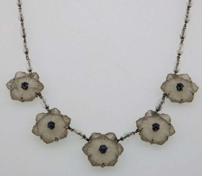 14k Gold Vintage Camphor Glass & Lab Sapphire Flower Necklace 29.4g. Total Weight