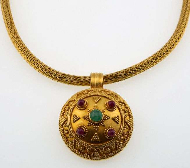 18k Gold Ilias Lalaounis Cabochon Natural Emerald & Natural Ruby Choker Necklace 51.7g