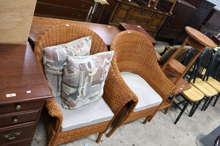 Pair Wicker Chairs and Two End Tables