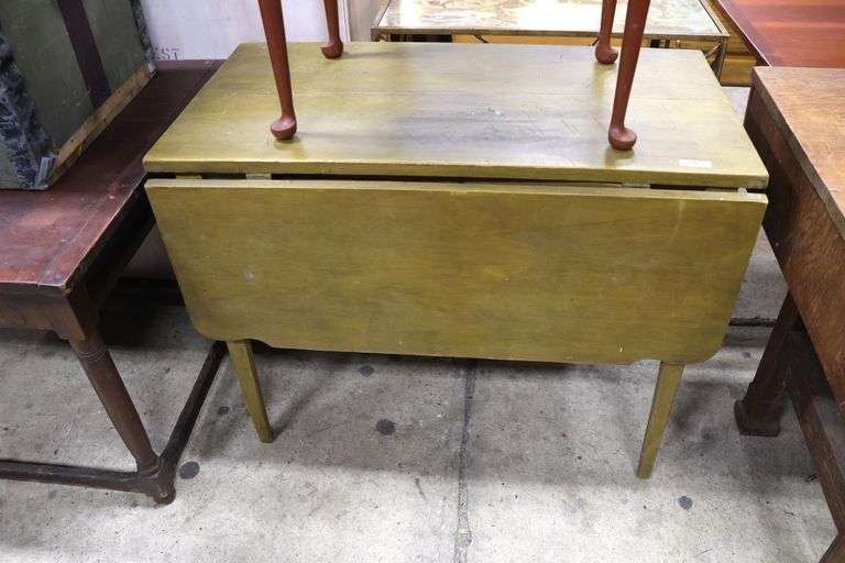 Antique Farmhouse Drop Leaf Table with Drawer in Original Mustard Paint