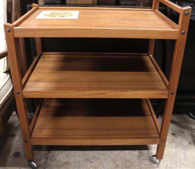 Danish MCM Teak and Ceramic Tile Bar Cart