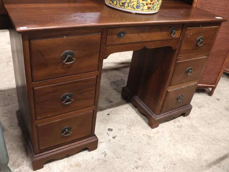 Stickley Colonial Revival Cherry Kneehole Desk, Marks on Top, 1 Pull Missing