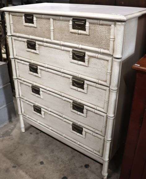 MCM Hollywood Regency Faux Bamboo Painted Five Drawer Chest