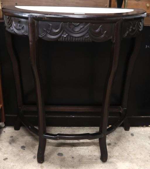 Chinese Marble Top Carved Hardwood Demilune Side Table