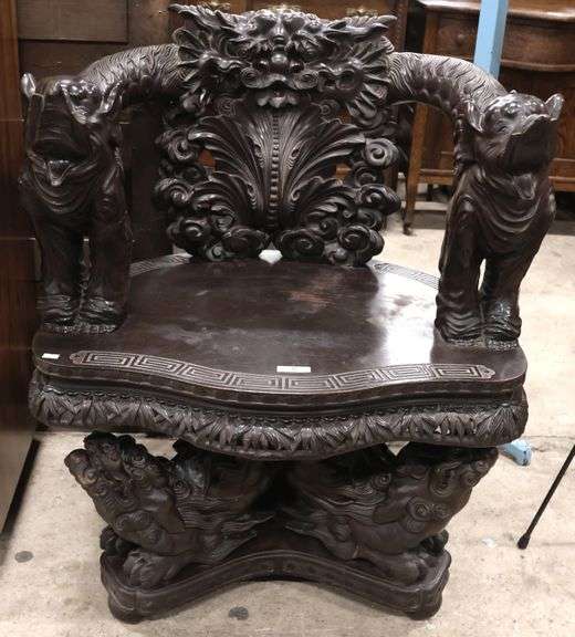Japanese Figural Elephant Carved Armchair, Chips to Tusks