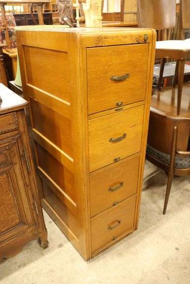 Antique Golden Oak Four Drawer File Cabinet, Missing One Metal Glider Foot