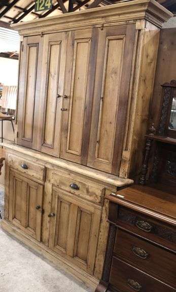 Antique English Waxed Pine Two Piece Stepback Cupboard
