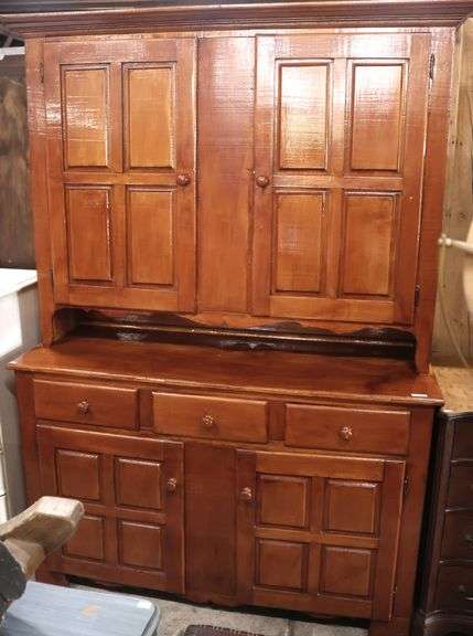 Vintage Farmhouse Stained Raised Panel Two Piece Stepback Cupboard