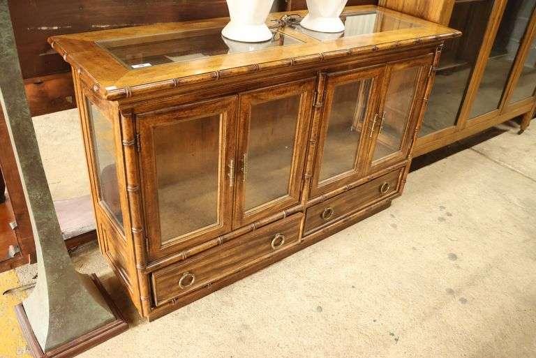 Thomasville MCM Glass Top Faux Bamboo Curio Cabinet