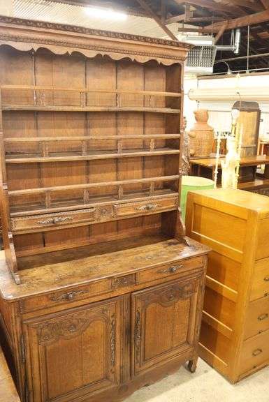French Provincial Carved Oak Two Piece Stepback Cupboard, Bottom Not Intact