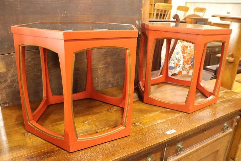 Pair MCM Hollywood Regency Red and Black Lacquer Cocktail Tables