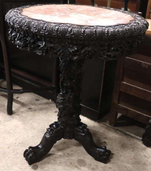 Chinese Marble Top Carved Hardwood Center Table