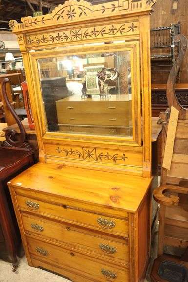 Victorian Carved Pine Dresser with Mirror