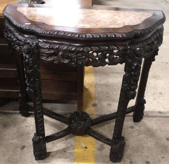 Chinese Marble Top Carved Hardwood Demilune Side Table, Marble Cracked