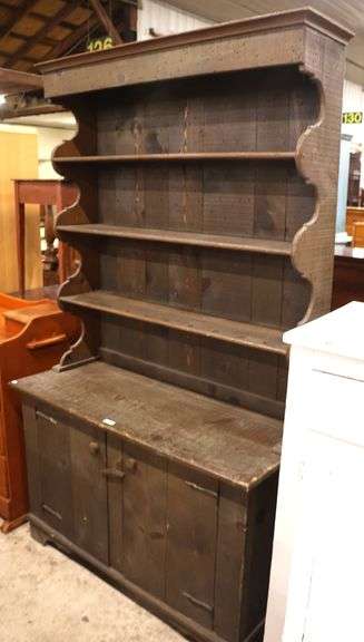 Vintage Farmhouse Pine Two Piece Pewter Cupboard