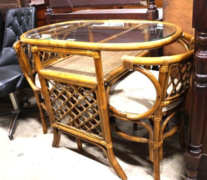 MCM Rattan Glass Top Tete a Tete Table and Chairs