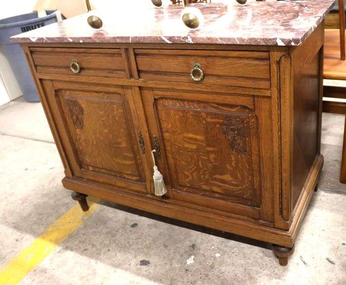 Beaux Arts Marble Top Carved Oak Server