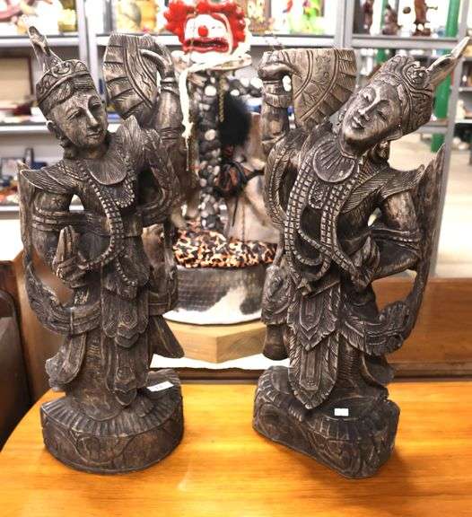 Pair Ethnographic Carved Teak Temple Figures