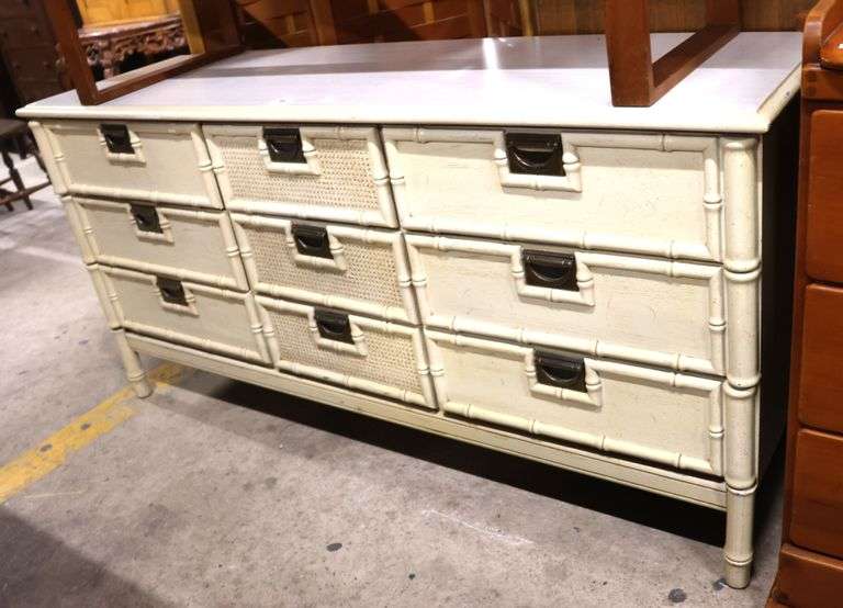 Hollywood Regency MCM Painted Faux Bamboo Nine Drawer Dresser