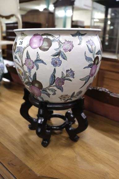 Modern Asian Porcelain Planter with Wooden Stand