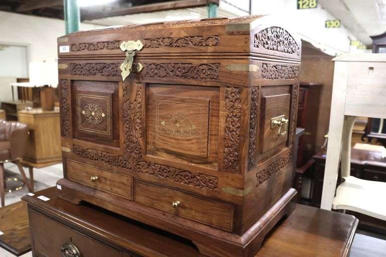 MCM Anglo-Indian Carved and Brass Inlaid Padauk Wood Chest
