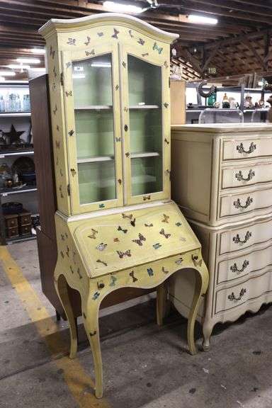Hollywood Regency MCM Paint-Decorated Two-Piece Butterfly Secretary Desk, Minor Imperfections