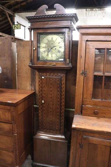 Georgian Inlaid Oak Brass Dial Tall Case Clock
