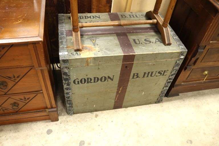 Antique Military Trunk Identified to 1st Lieutenant V.C. Gordon B. Huse, Missing Two Straps at Base