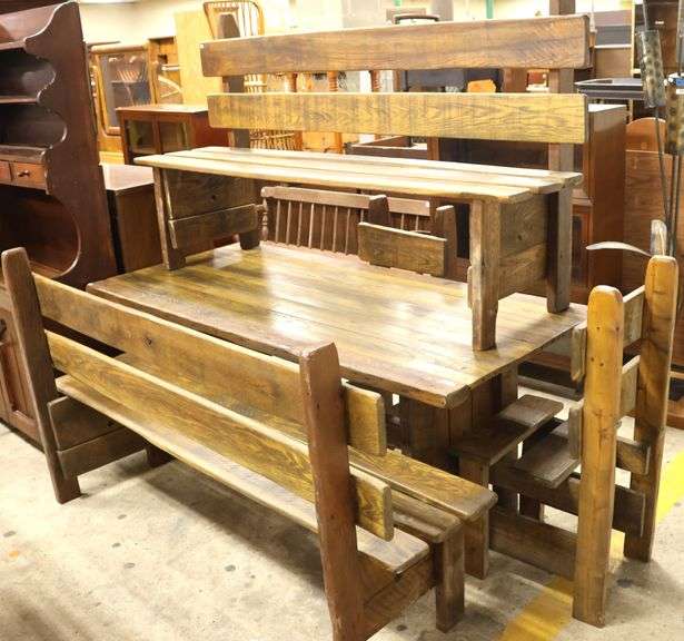 Vintage Farmhouse Oak Trestle Table, Benches, And Two Chairs
